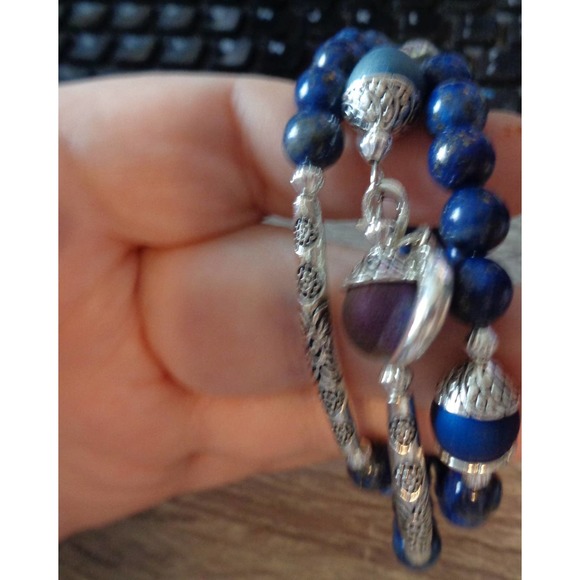 Agate Druzy, Lapis Lazuli Wrap Cuff moon dangle - Picture 5 of 8